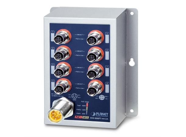 Planet Switch  8-p 10/100 M12 4xPoE+ Layer2 Industri IP50 DIN M12 RPS B60W