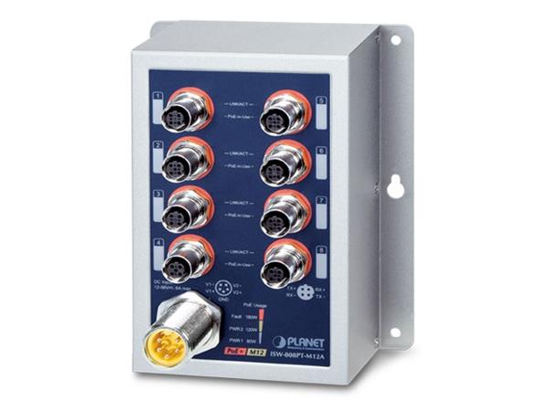 Planet Switch  8-p 10/100 M12 4xPoE+ Layer2 Industri IP50 DIN M12 RPS B60W