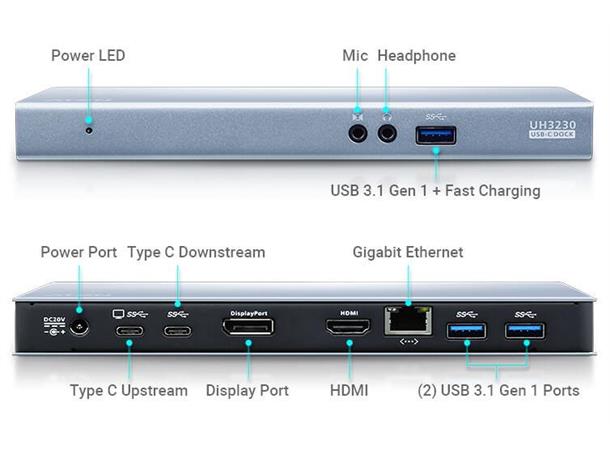 Aten USB-C Multiport Dock m Strømlading 4K USB-C LAN DP HDMI Audio og 3xUSB 3.1