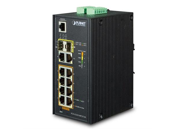 Planet Switch 8-p GB 8x PoE+ 2xSFP Layer2+ Industri IP30 DIN IPv6