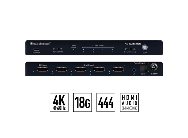 Key Digital 1-4 HDMI splitter med Audio HDMI forsterker med lyd ut optisk/analog