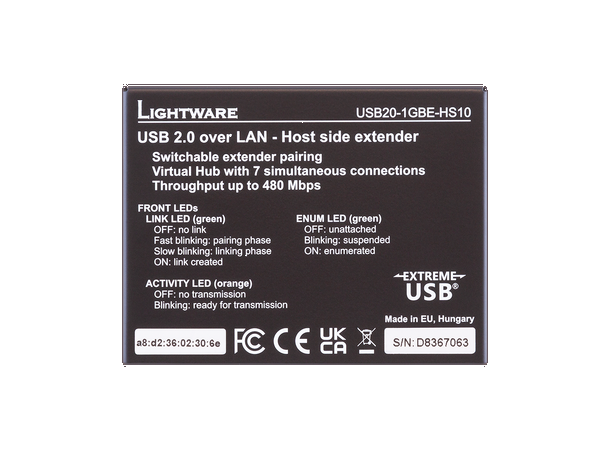 Lightware USB20 HS10 1GBE Extender 100M USB 2.0 over LAN host side extender LEX