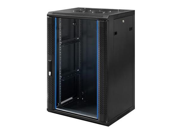 LinkIT Veggskap 18U Svart B600xD450xH990 Låsbar glassdør og sideplater