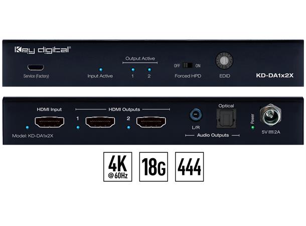 Key Digital 1-2 HDMI splitter med Audio HDMI forsterker med lyd ut optisk/analog