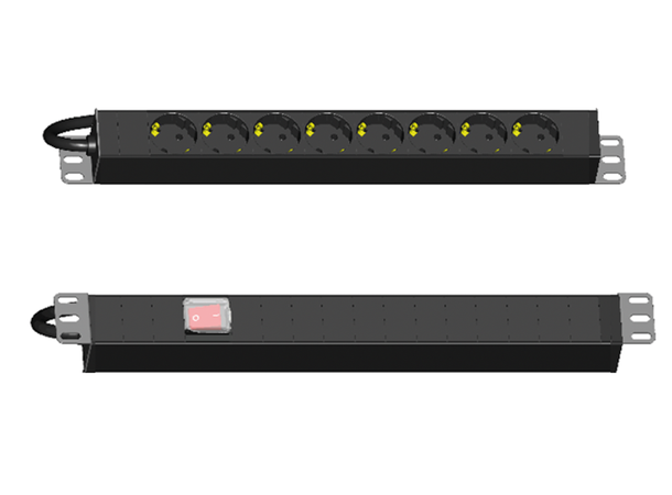 LinkIT 19" Strømskinne 8xCEE 7/4 2m Med bryter i front, uttak bak, 16A 3600W