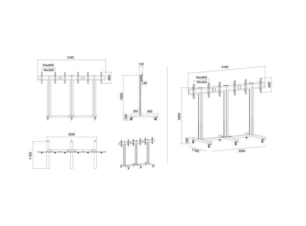Multibrackets TV gulvstativ 3 skjermer 40-55", 800x400, maks 120kg på hjul