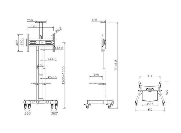 Multibrackets TV gulvstativ Basic 150 50kg, 600x400, ink hylle, 32-60" på hjul