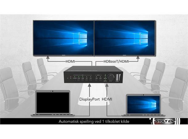 Stoltzen SSM42T 18G Matrix Switcher 4x2 1x DP MST+, 3x HDMI, 2x lyd & HDbaseT