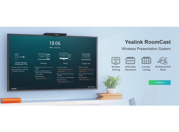 Yealink RoomCast 1 stk WPP30 inkludert Airplay, Miracast, Chromcast, Wi-Fi