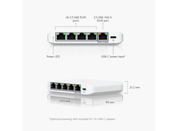 Ubiquiti Unifi Switch Flex mini 2.5Gbit 5xRJ45 USBC strømadapter inkludert