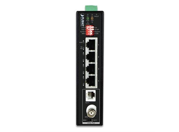 Planet Extender 1p BNC/RJ11 > 4p Eternet Redundant strøm IP30 DIN Maks 1.2km