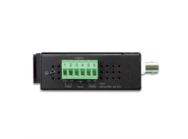 Planet Extender 1p BNC/RJ11 > 4p Eternet Redundant strøm IP30 DIN Maks 1.2km