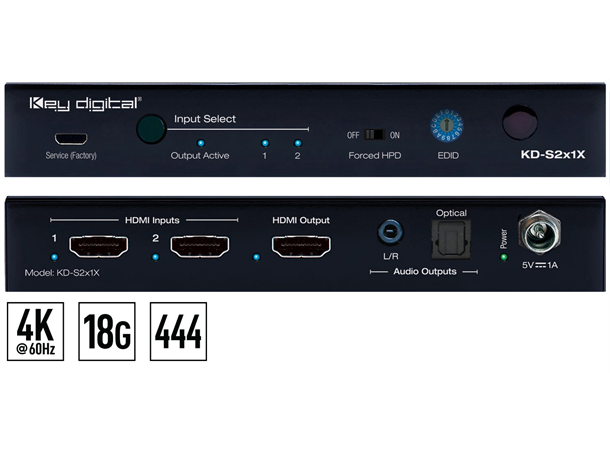 Key Digital KD-S2x1X, 2x1 4K HDMI switch 2 HDMI sources to 1 HDMI output/display