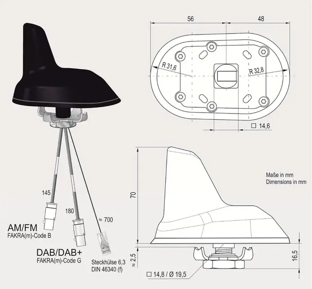 ANTENNENSYSTEME DAB/FM-antenne - Fakra Aktiv sharkantenne for takmontering 