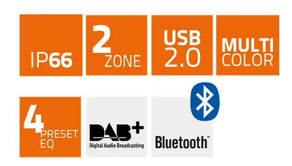 Hertz HMR20 Marine DAB+ radio m/bt 100% vanntett front IP66 4x50W 3" skjerm 