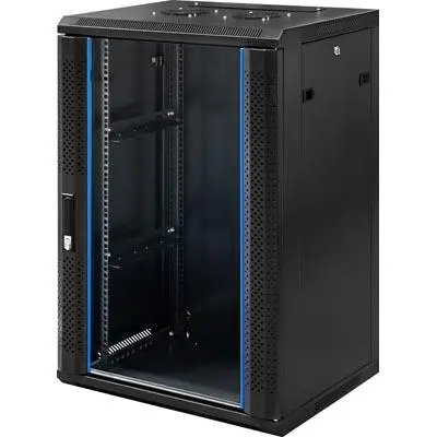 LinkIT Veggskap 18U Svart B600xD450xH990 Låsbar glassdør og sideplater 