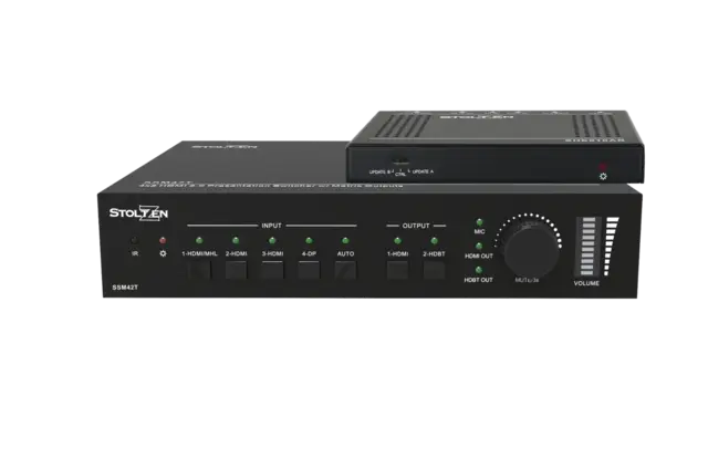 Stoltzen SSM42T 18G Matrix Switcher 4x2 1x DP MST+, 3x HDMI, 2x lyd & HDbaseT 