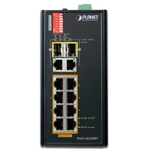 Planet Switch  8-p Gigabit 8xPoE+ 2xSFP Industri IP30 DIN 