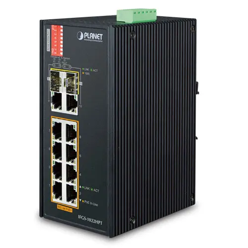 Planet Switch  8-p Gigabit 8xPoE+ 2xSFP Industri IP30 DIN 
