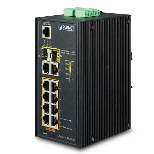 Planet Switch 8-p GB 8x PoE+ 2xSFP Layer2+ Industri IP30 DIN IPv6 