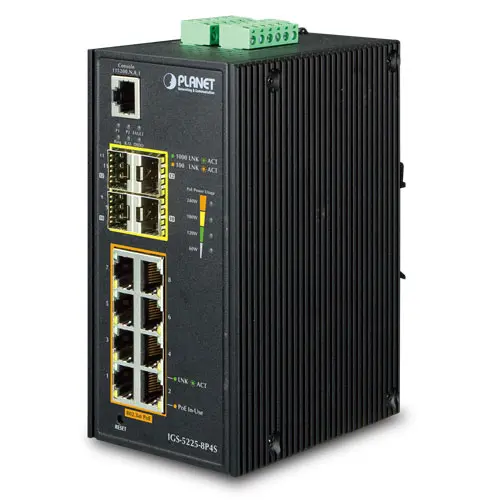 Planet Switch 8-p Gigabit 8xPoE+ 2xSFP Layer2 Industri IP30 DIN IPv6 240W 