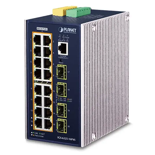 Planet Switch 16-p Gigabit 16xPoE+ 4xSFP Layer3 Industri IP30 DIN IPv6 