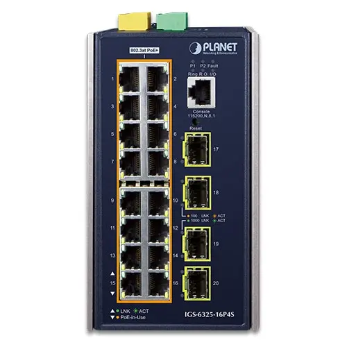 Planet Switch 16-p Gigabit 16xPoE+ 4xSFP Layer3 Industri IP30 DIN IPv6 