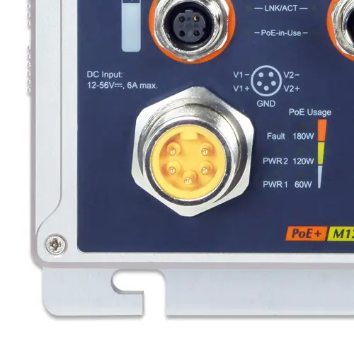 Planet Switch  8-p 10/100 M12 4xPoE+ Layer2 Industri IP67 DIN M12 RPS B60W 
