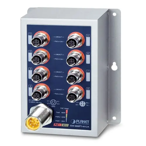 Planet Switch  8-p 10/100 M12 4xPoE+ Layer2 Industri IP50 DIN M12 RPS B60W 