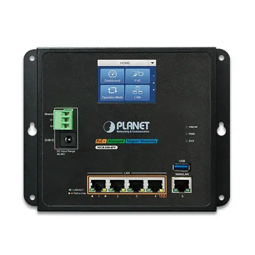 Planet GB 4-p Router PoE+ LCD Touch Veggmontert IPv6 IP30 USB Back-up 