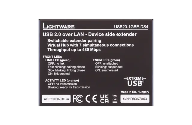 Lightware USB20 DS4 1GBE Extender 100M 1xTP Max 100 m Ranger 2301GE-LAN REX 
