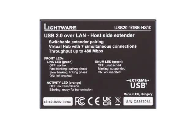 Lightware USB20 HS10 1GBE Extender 100M USB 2.0 over LAN host side extender LEX 