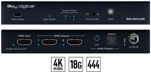 Key Digital 1-2 HDMI splitter med Audio HDMI forsterker med lyd ut optisk/analog 
