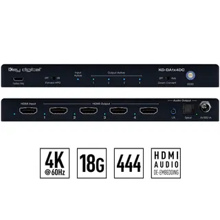 Key Digital 1-4 HDMI splitter med Audio HDMI forsterker med lyd ut optisk/analog