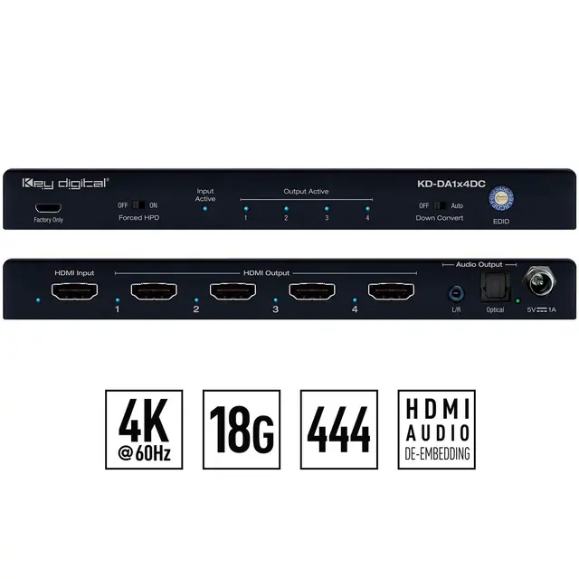 Key Digital 1-4 HDMI splitter med Audio HDMI forsterker med lyd ut optisk/analog 