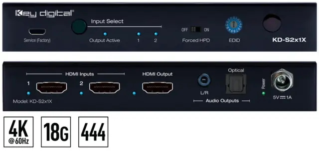 Key Digital KD-S2x1X, 2x1 4K HDMI switch 2 HDMI sources to 1 HDMI output/display 