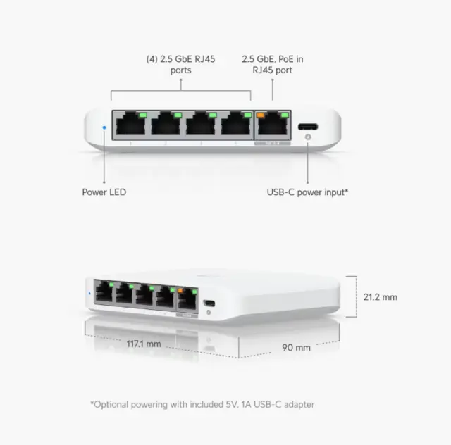 Ubiquiti Unifi Switch Flex mini 2.5Gbit 5xRJ45 USBC strømadapter inkludert 